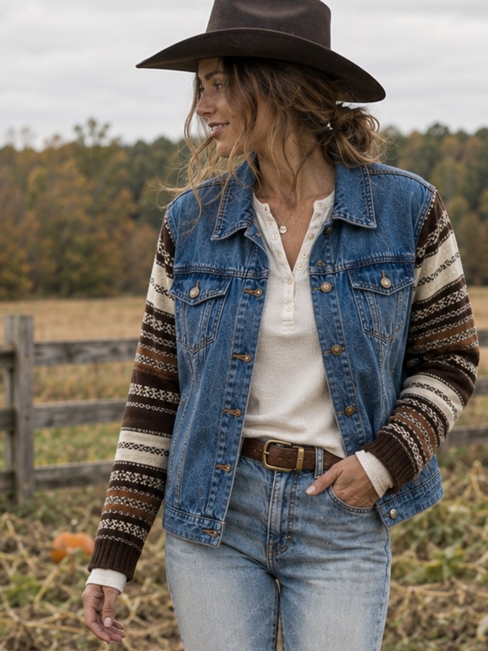 Vintage Fair Isle Sweater Denim Jacket Women’s XL